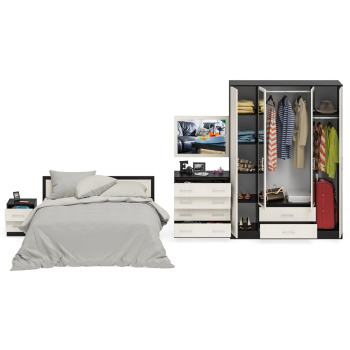 Спальня СВК Фиеста № 1 Комод + Зеркало + Кровать 1600 + Тумба + Шкаф 4-х створчатый