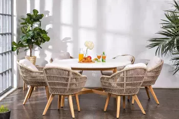 Обеденный стол из тика Joygarden TALARA 150 см круглый с керамической столешницей