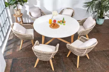 Обеденный стол из тика Joygarden TALARA 150 см круглый с керамической столешницей